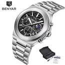 BENYAR 5220 Classic Business Watch Quartz Stainless Steel Waterproof Watch Multi Functional Moon Phase Dial Watches for Man