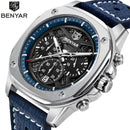 Benyar 5222 Leather Waterproof Square Watches Men Wrist Skeleton Sport Chronograph Quartz Men Wristwatch Reloj Benyar